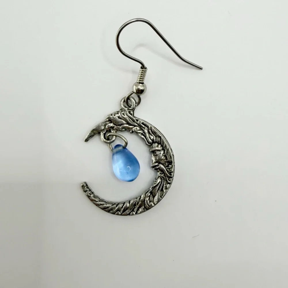 Man in the Moon Crescent Earrings with Blue Teardrop Bead